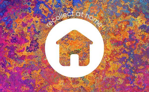 Icon of a house over a multicoloured background