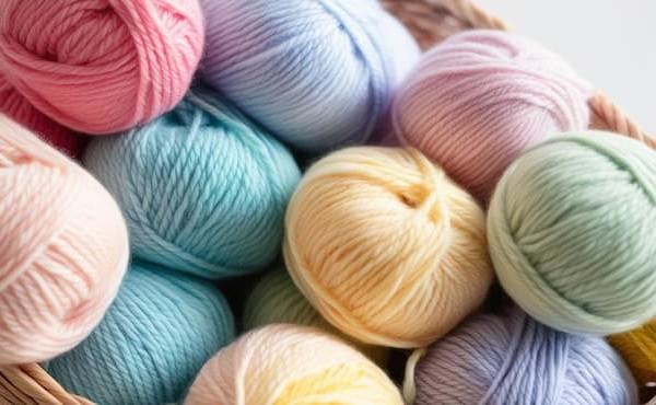 A close-up shot of various pastel-colored yarn balls, including pink, blue, yellow, and lavender, filling a basket.